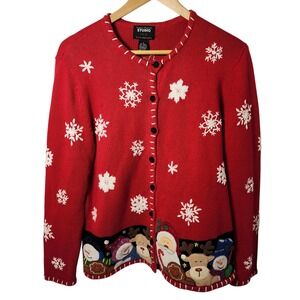 Studio Joy Christmas Cardigan‎ Santa Snowmen Reindeer Snowflakes Red M
